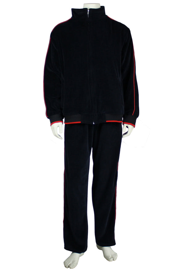 black with red trim, mens, velour, tracksuit, custom embroidery, rhinestones, sweatsuit, jumpsuit, sweatshirt, sweat pants, track pants, track jacket mens, sweatshirt, sweatpants, jumpsuit, sweatsedo