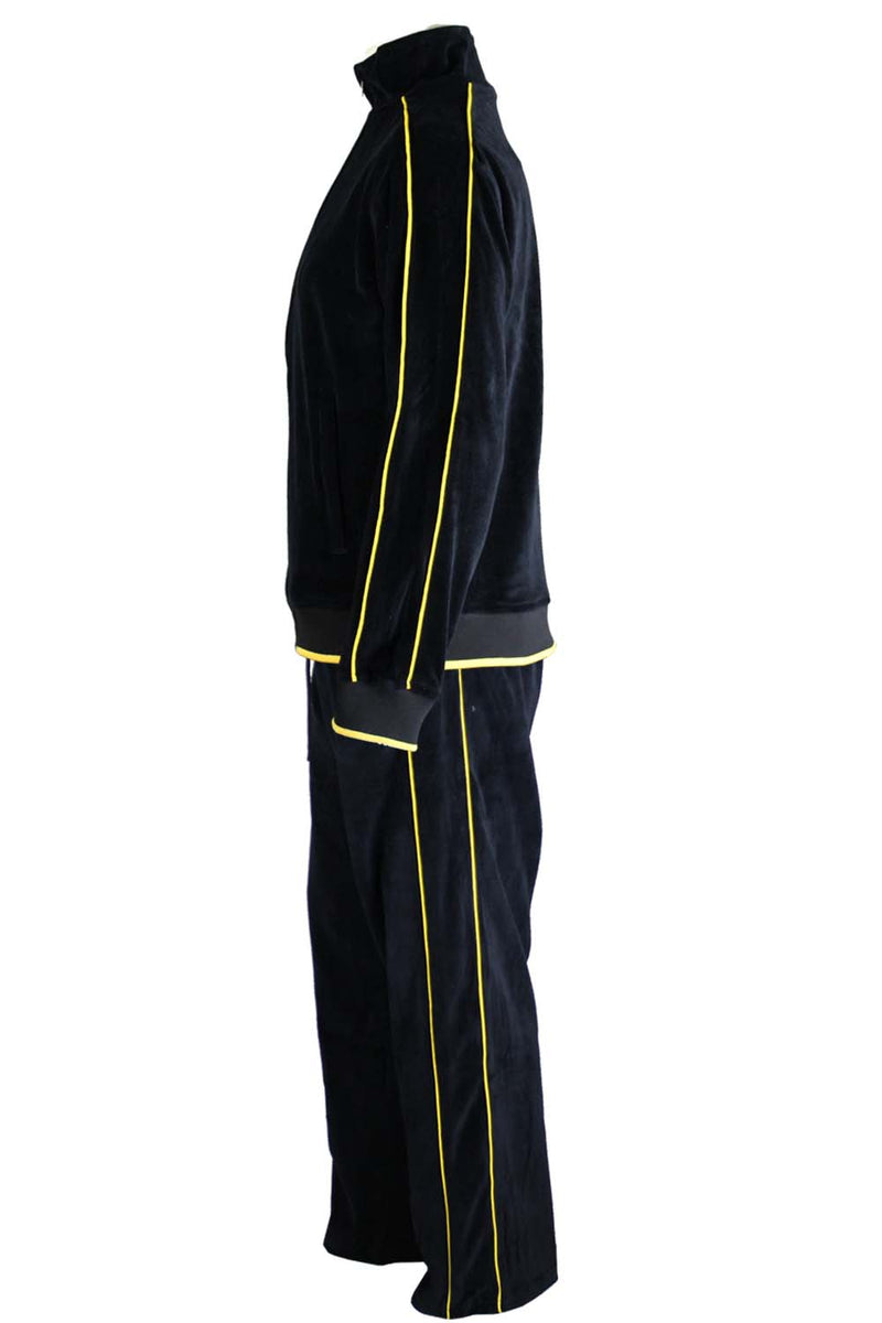 Mens Purple Velour Tracksuit with Yellow Piping