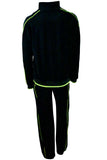 black with lime green trim, mens, velour, tracksuit, custom embroidery, rhinestones, sweatsuit, jumpsuit, sweatshirt, sweat pants, track pants, track jacket, neon