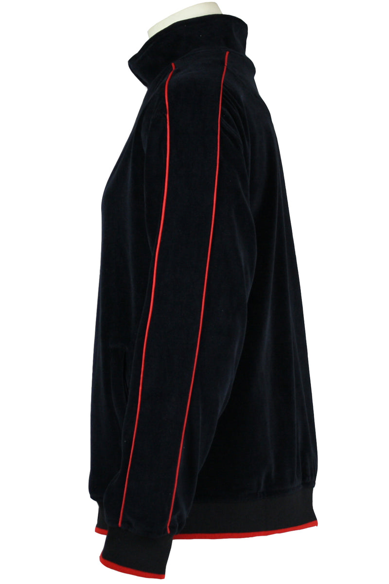 Mens Black Velour Jacket with Red Piping | Sweatsedo