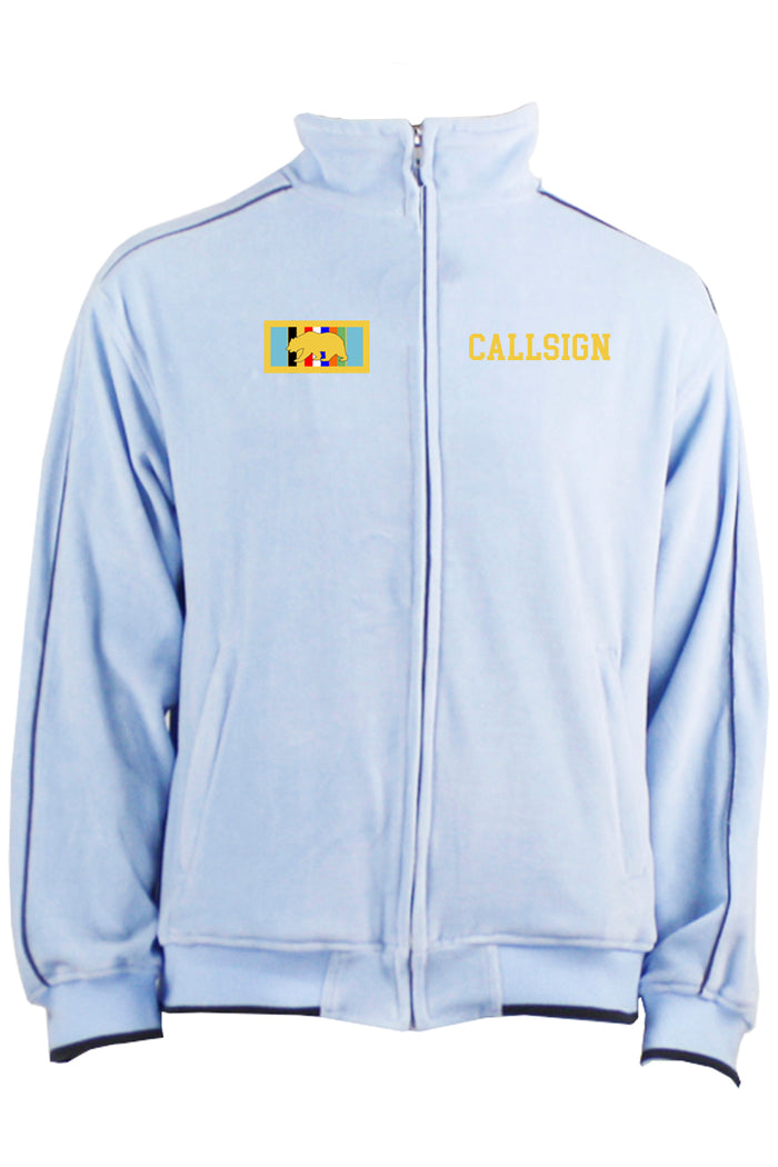 60th Operations squadron velour tracksuit. Baby blue velour with custom embroidered callsigns on the front chest, 60th OG Logo embroidered on the back. Matching velour pants, sweatsedo
