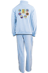 60th Operations squadron velour tracksuit.  Baby blue velour with custom embroidered callsigns on the front chest, 60th OG Logo embroidered on the back.  Matching velour pants, sweatsedo