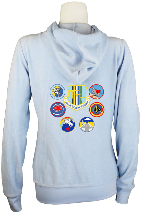 60th Operations Group custom velour tracksuit for women. Baby Blue Hoodie with matching lounge pants, custom callsign embroidered on left chest, California bear embroidered on right chest, 60th OG patch embroidered on back.