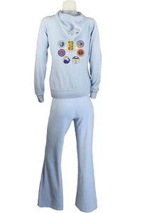 60th Operations Group custom velour tracksuit for women.  Baby Blue Hoodie with matching lounge pants, custom callsign embroidered on left chest, California bear embroidered on right chest, 60th OG patch embroidered on back.