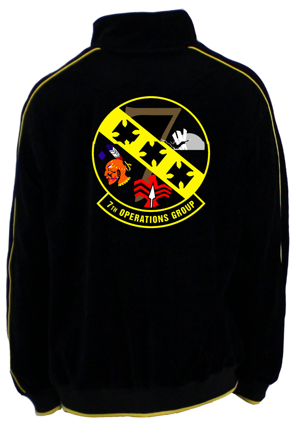 7th Operations Group Squadron black velour track jacket.  custom embroidered with callsign on the front of the jacket.