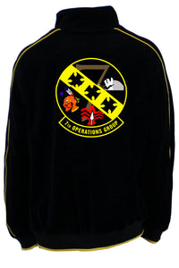7th Operations Group Squadron black velour track jacket.  custom embroidered with callsign on the front of the jacket.