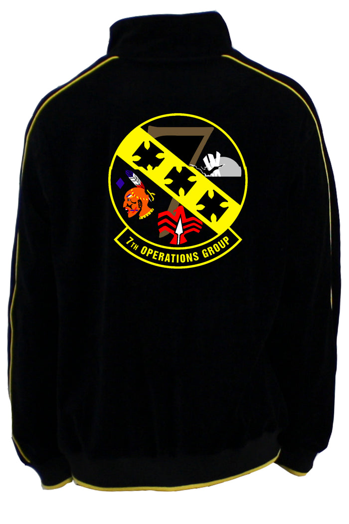7th Operations Group Squadron black velour track jacket.  custom embroidered with callsign on the front of the jacket.