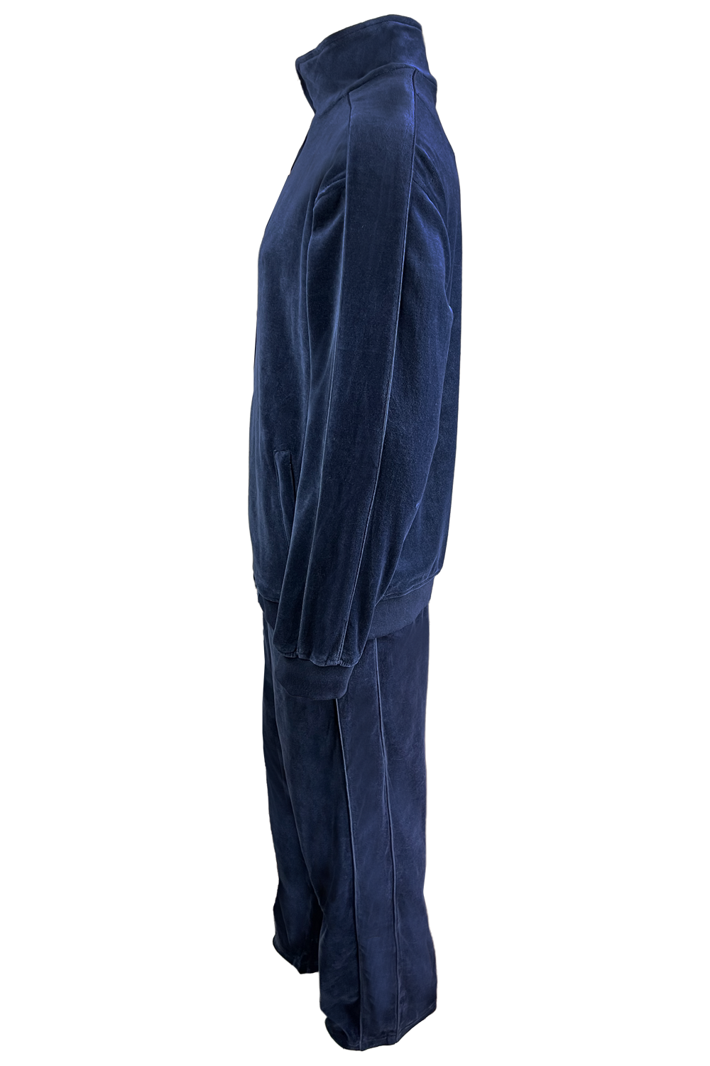 Side view, solid navy blue, mens, velour, tracksuit, custom embroidery, rhinestones, sweatsuit, jumpsuit, sweatshirt, sweat pants, track pants, track jacket