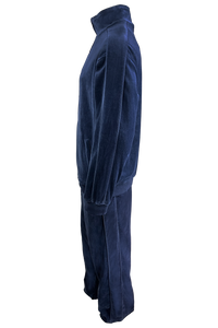 Side view, solid navy blue, mens, velour, tracksuit, custom embroidery, rhinestones, sweatsuit, jumpsuit, sweatshirt, sweat pants, track pants, track jacket