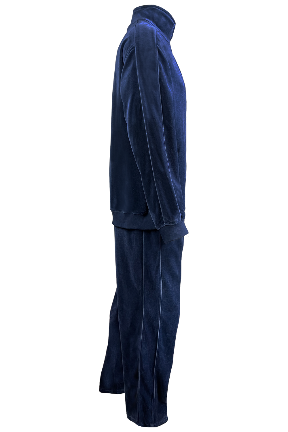 side view, solid navy blue, mens, velour, tracksuit, custom embroidery, rhinestones, sweatsuit, jumpsuit, sweatshirt, sweat pants, track pants, track jacket