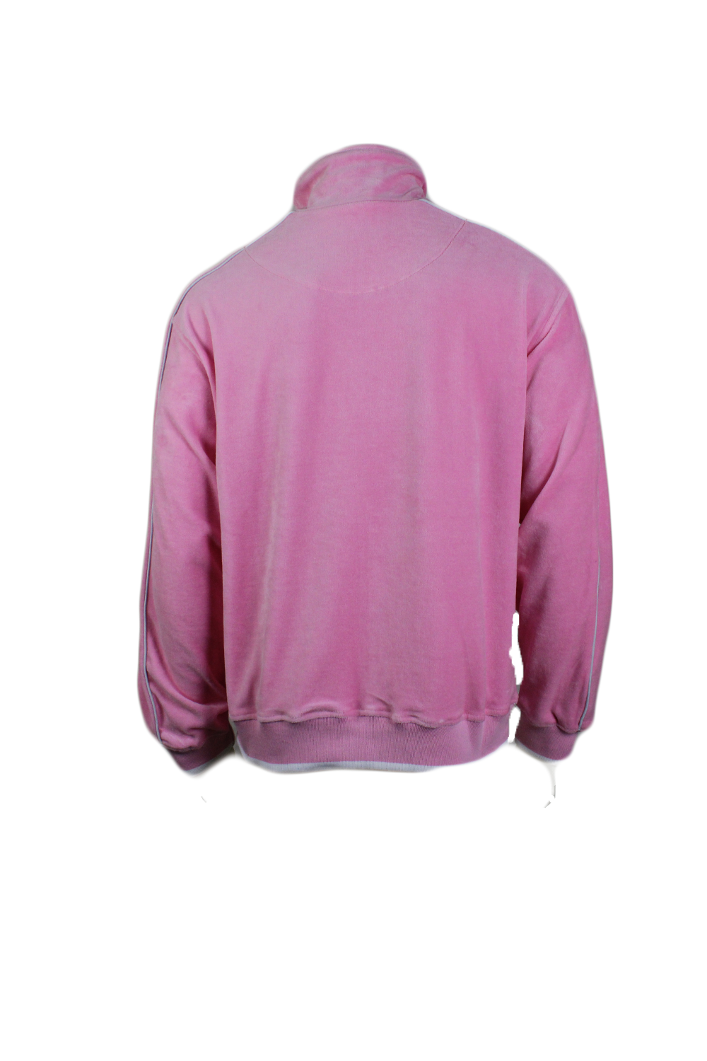 back of a pink velour track jacket, ideal space to embroider or rhinestones