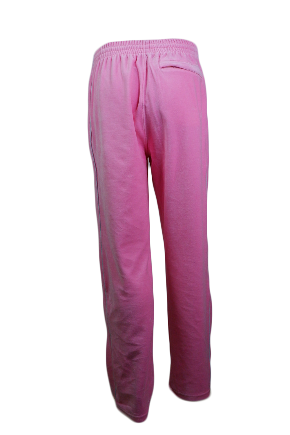 Pink velour track pants with white piping down the sides