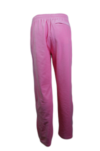 Pink velour track pants with white piping down the sides