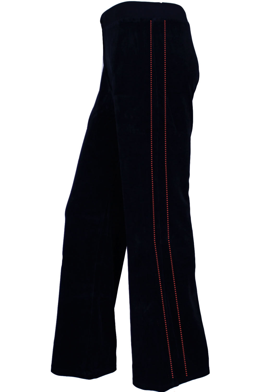 Black velour zip hoodie & lounge pants with custom embroidered name on the front chest and embroidered Wisconsin Executive MBA program logo on the back.  Red rhinestone piping down the arms and legs