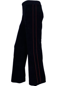 Black velour zip hoodie & lounge pants with custom embroidered name on the front chest and embroidered Wisconsin Executive MBA program logo on the back.  Red rhinestone piping down the arms and legs