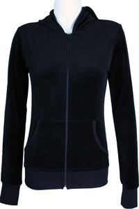 Black velour hoodie on a mannequin against a white background