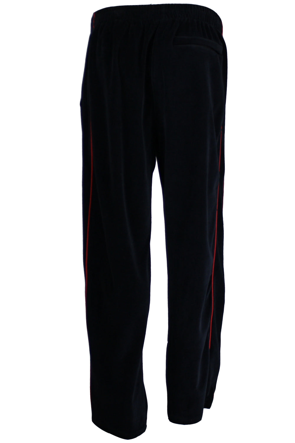 Black velour trackpants back view with red trim.  Wisconsin Executive MBA Program Sweatsedo.