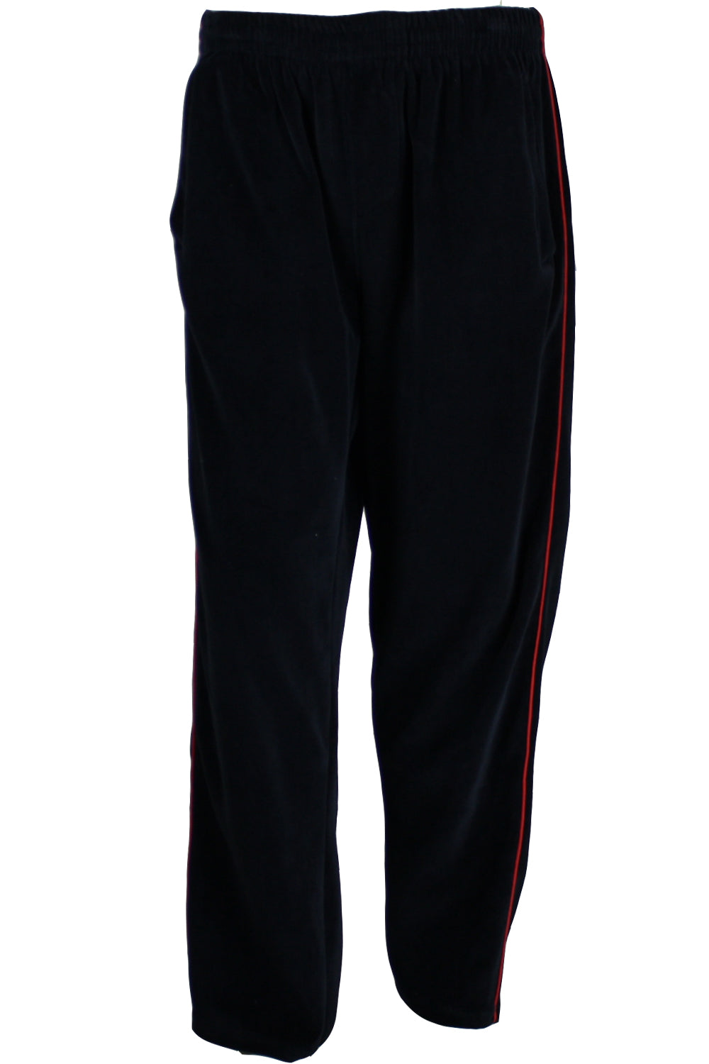 Black velour trackpants front view with red trim.  Wisconsin Executive MBA Program Sweatsedo.