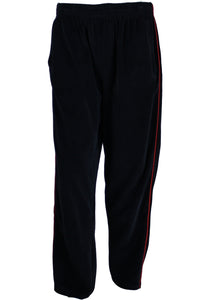 Black velour trackpants front view with red trim.  Wisconsin Executive MBA Program Sweatsedo.