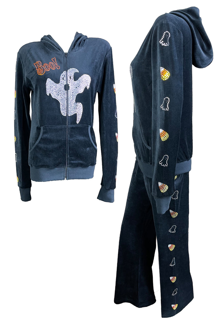 Halloween themed black velour tracksuit with custom rhinestones.  The Boo Crew with a large bling ghost on the front and candy corns and ghosts blinged out down the arms and legs.