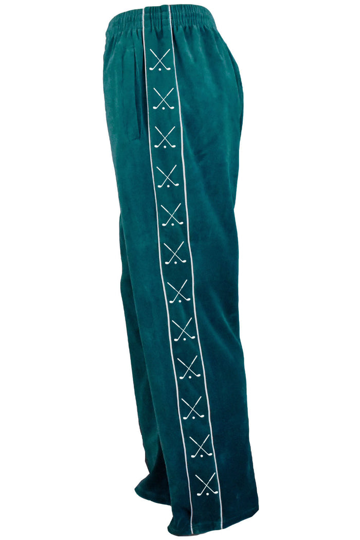 Teal Pants with custom embroidered golf clubs down the legs in white thread with white trim
