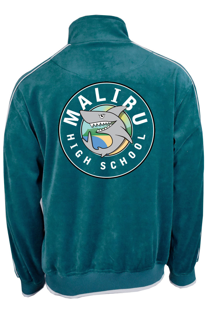 Teal velour jacket, custom embroidered malibu high school golf team, velour tracksuit, back emblom