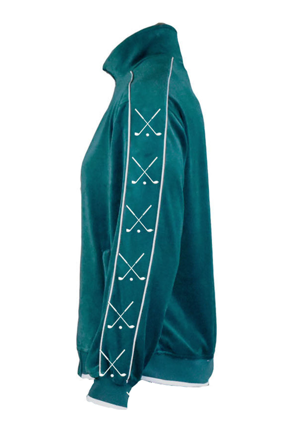 teal velour jacket with custom embroidered golf clubs down the arms.  White trim