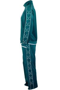 Teal velour tracksuit with custom embroidered golf clubs down the arms and legs in white thread
