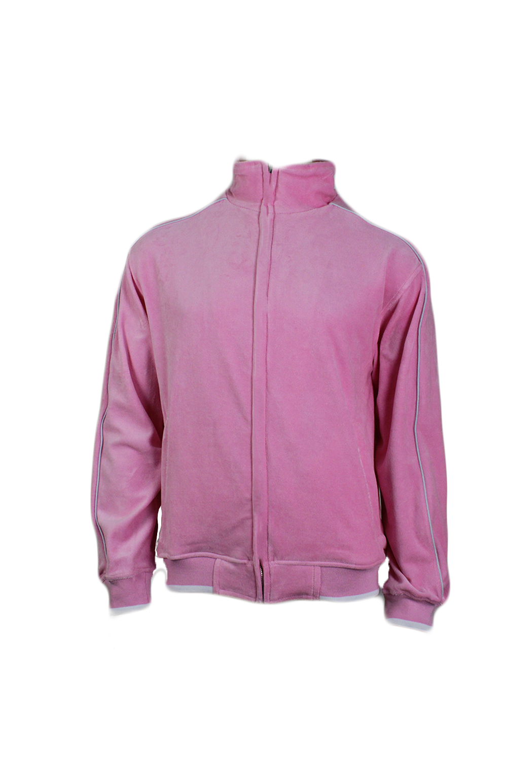 front of a pink velour track jacket, ideal space to embroider or rhinestones.  Full front zipper, 2 zipper pockets