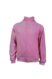 front of a pink velour track jacket, ideal space to embroider or rhinestones.  Full front zipper, 2 zipper pockets