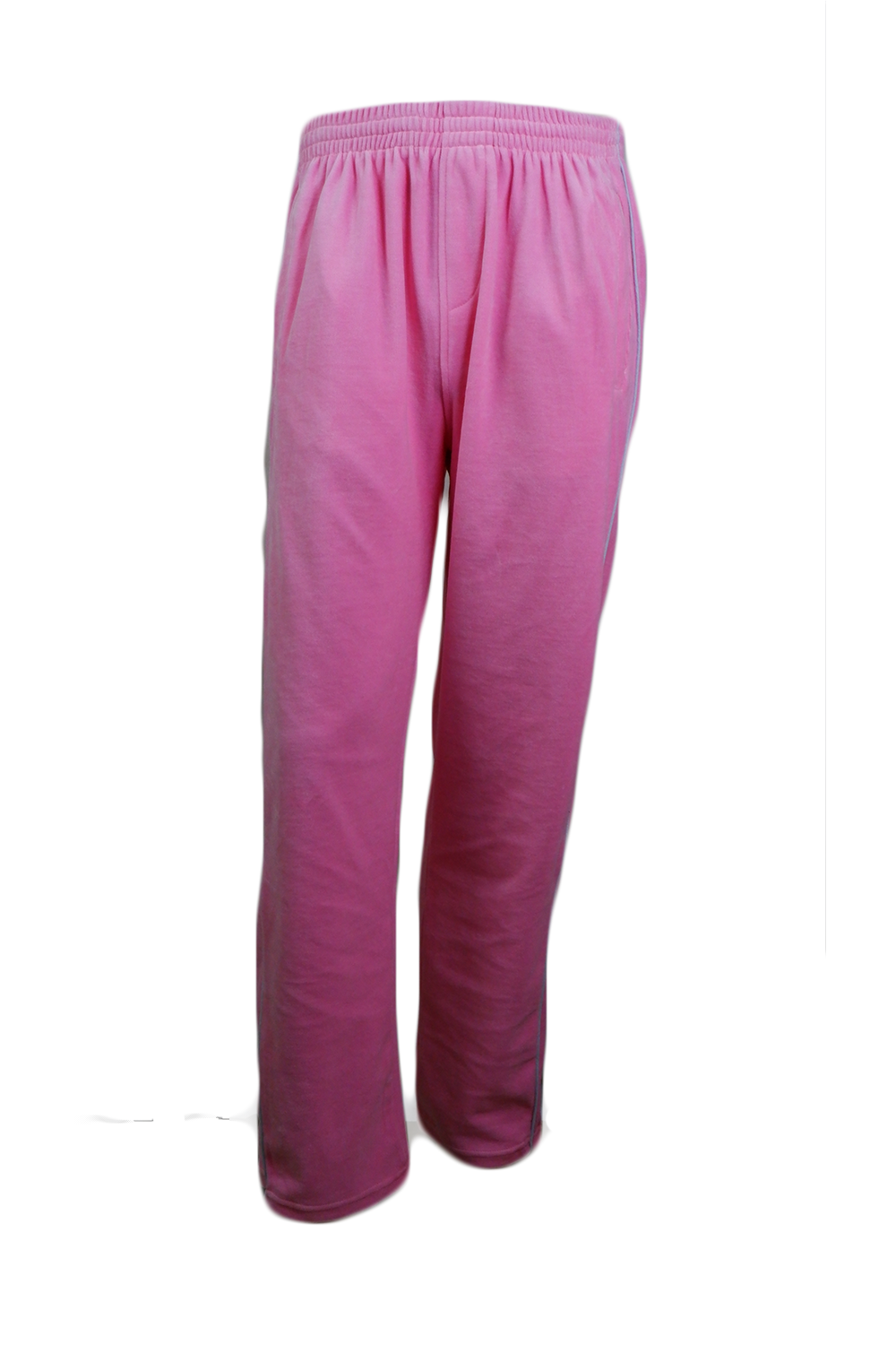 Pink velour track pants with white piping down the sides