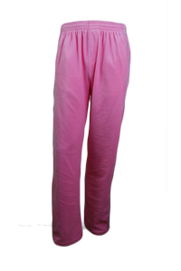 Pink velour track pants with white piping down the sides