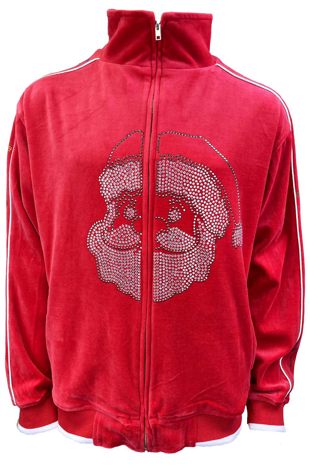 velour, tracksuit, rhinestone stocking, Christmas, party, fun, sweatsuit, holiday, festive, custom embroidery, custom rhinestones, ugly christmas sweater