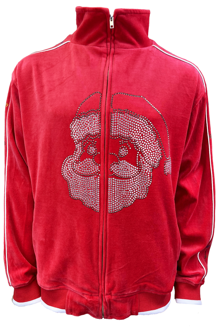 velour, tracksuit, rhinestone stocking, Christmas, party, fun, sweatsuit, holiday, festive, custom embroidery, custom rhinestones, ugly christmas sweater