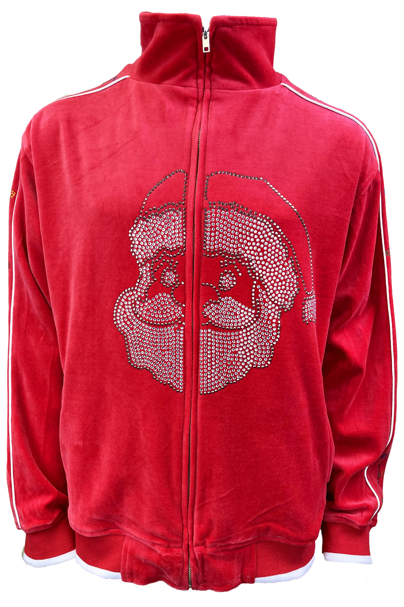 velour, tracksuit, rhinestone stocking, Christmas, party, fun, sweatsuit, holiday, festive, custom embroidery, custom rhinestones, ugly christmas sweater