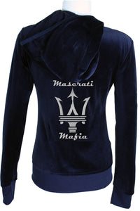 maserati velour tracksuit, navy blue, custom rhinestones, embroidery