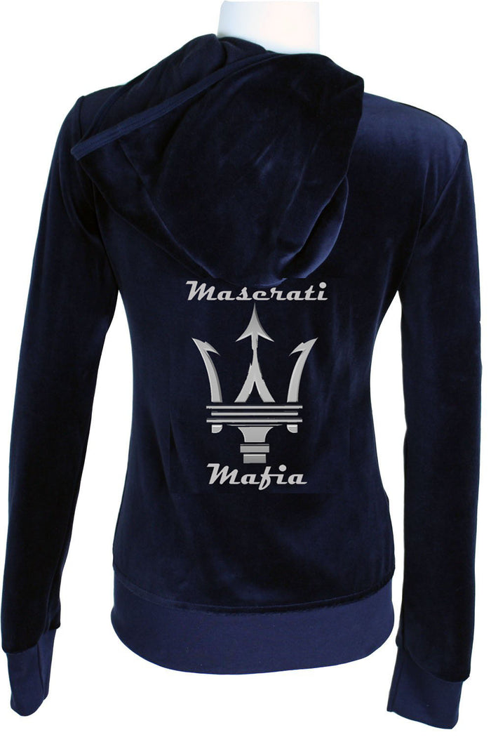 maserati velour tracksuit, navy blue, custom rhinestones, embroidery