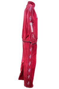 apres ski, Le Chamois, velour, tracksuit, sweatsuit, Palisades Tahoe, rhinestones, embroidery, custom, burgundy, skiing