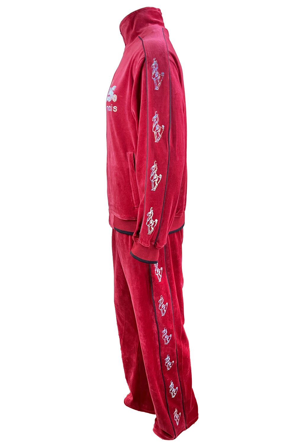 apres ski, Le Chamois, velour, tracksuit, sweatsuit, Palisades Tahoe, rhinestones, embroidery, custom, burgundy, skiing