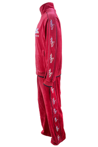 apres ski, Le Chamois, velour, tracksuit, sweatsuit, Palisades Tahoe, rhinestones, embroidery, custom, burgundy, skiing