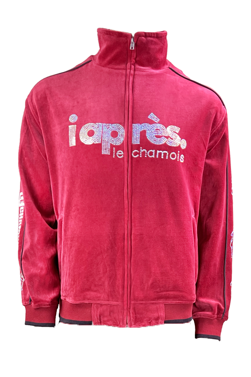 apres ski, Le Chamois, velour, tracksuit, sweatsuit, Palisades Tahoe, rhinestones, embroidery, custom, burgundy, skiing