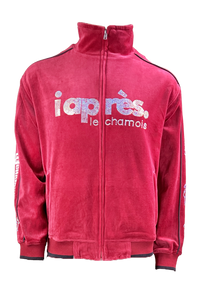 apres ski, Le Chamois, velour, tracksuit, sweatsuit, Palisades Tahoe, rhinestones, embroidery, custom, burgundy, skiing