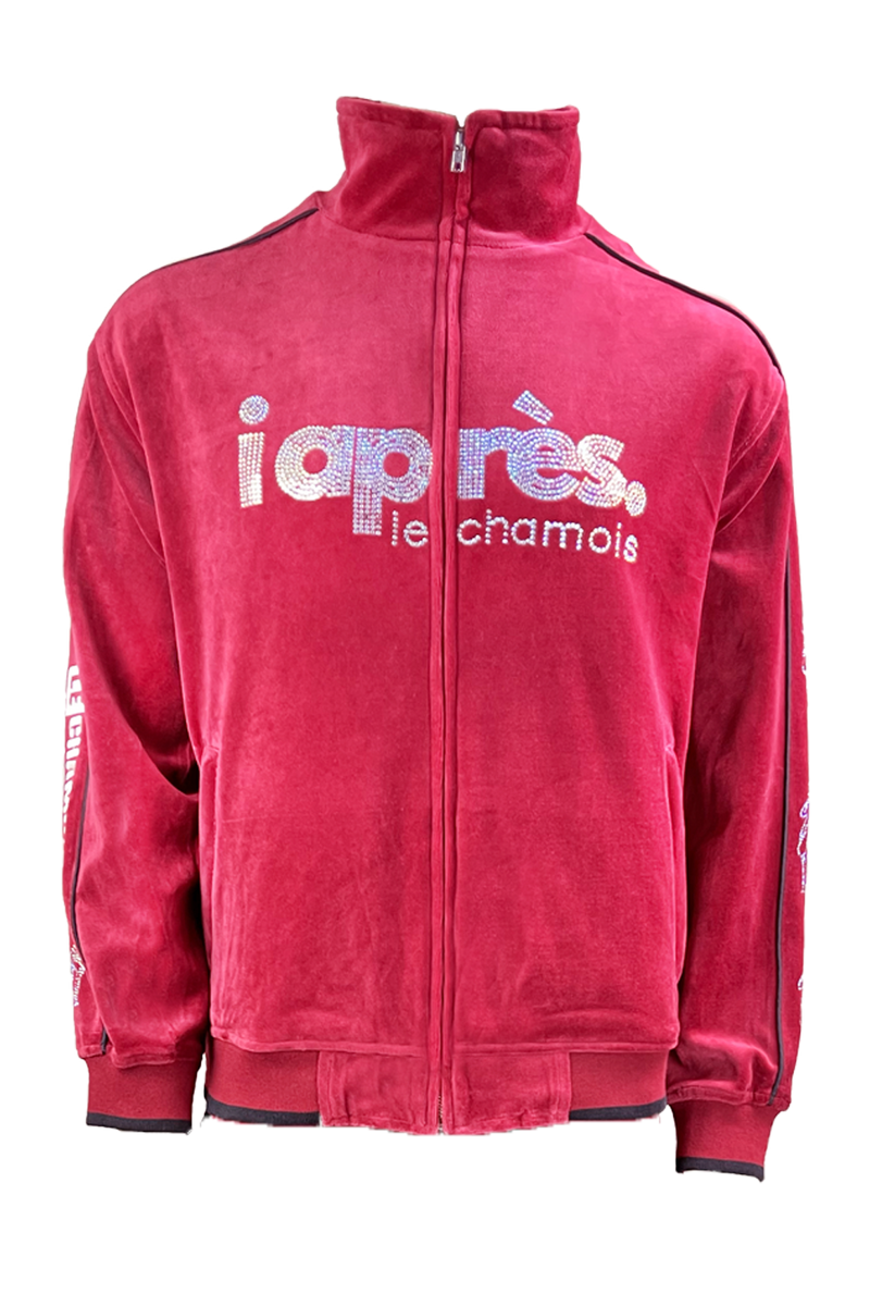 apres ski, Le Chamois, velour, tracksuit, sweatsuit, Palisades Tahoe, rhinestones, embroidery, custom, burgundy, skiing