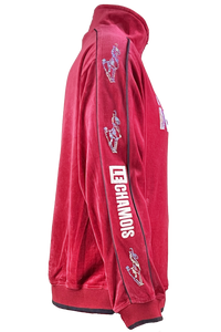 apres ski, Le Chamois, velour, tracksuit, sweatsuit, Palisades Tahoe, rhinestones, embroidery, custom, burgundy, skiing