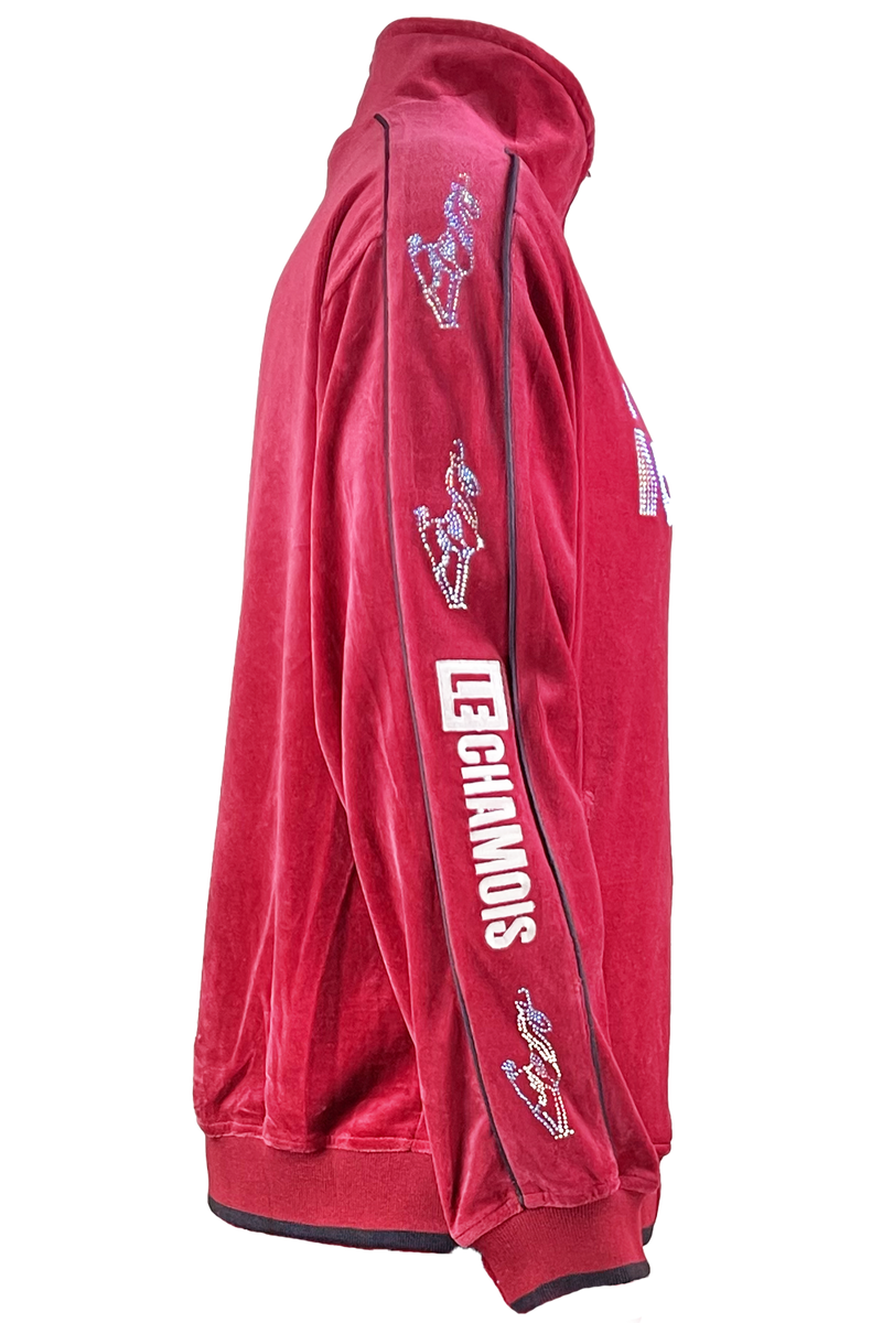 apres ski, Le Chamois, velour, tracksuit, sweatsuit, Palisades Tahoe, rhinestones, embroidery, custom, burgundy, skiing