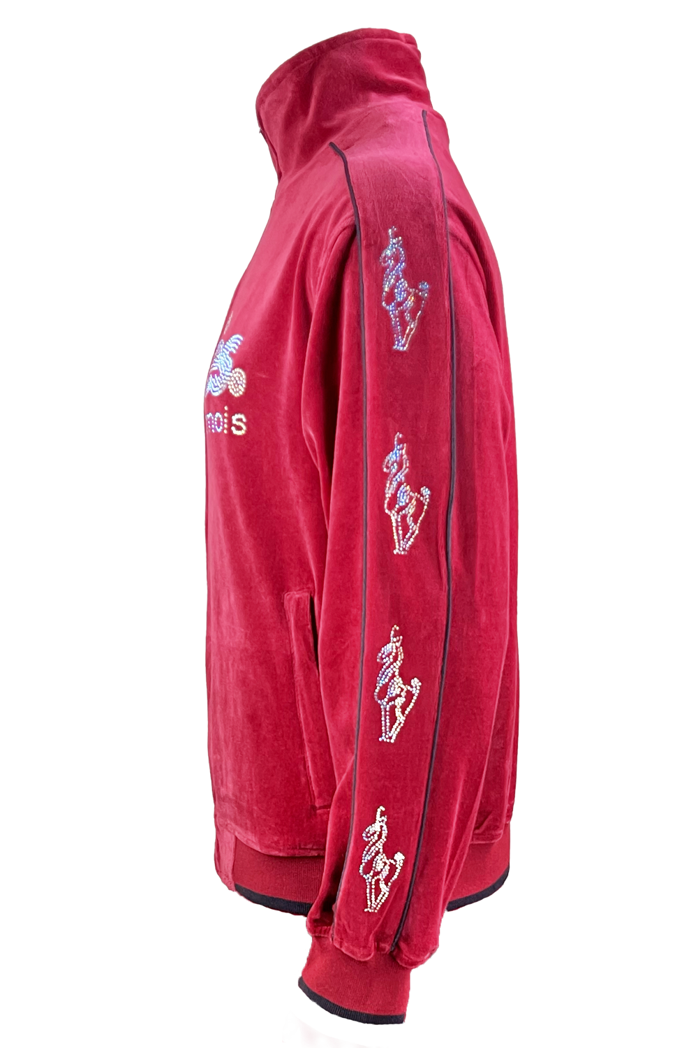 apres ski, Le Chamois, velour, tracksuit, sweatsuit, Palisades Tahoe, rhinestones, embroidery, custom, burgundy, skiing