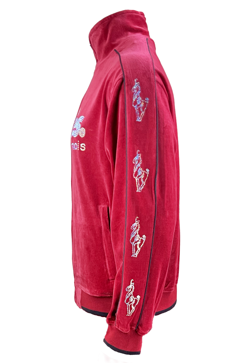 apres ski, Le Chamois, velour, tracksuit, sweatsuit, Palisades Tahoe, rhinestones, embroidery, custom, burgundy, skiing