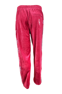 apres ski, Le Chamois, velour, tracksuit, sweatsuit, Palisades Tahoe, rhinestones, embroidery, custom, burgundy, skiing