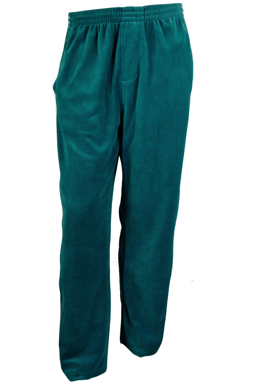 Teal velour track pants, front view.  2 Front pockets, 1 zippered back pocket