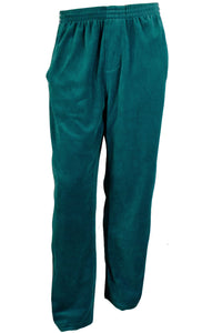 Teal velour track pants, front view.  2 Front pockets, 1 zippered back pocket